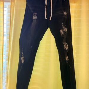 Distressed Black Jeans with Drawstring